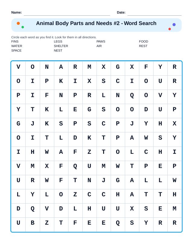Animal Body Parts and Needs #2 Word Search