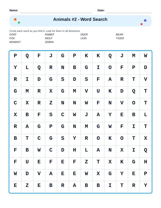 Animals #2 Word Search