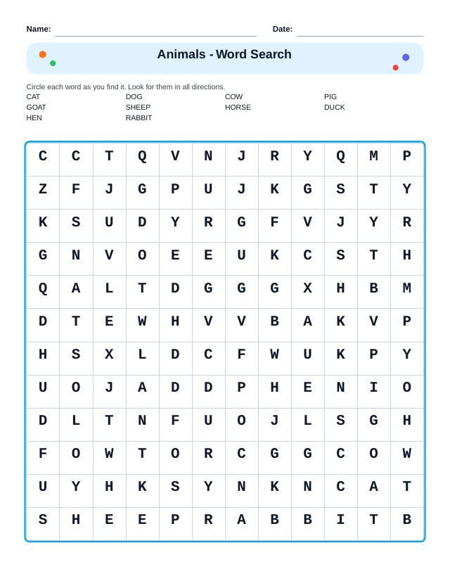 Animals Word Search