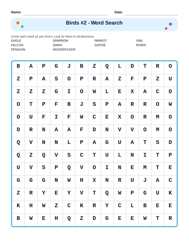 Birds #2 Word Search