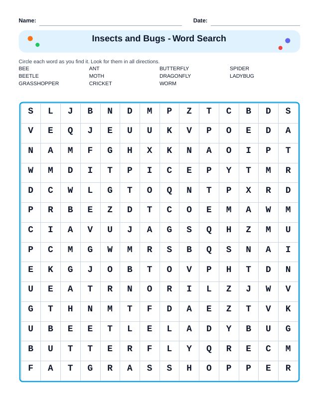 Insects and Bugs Word Search