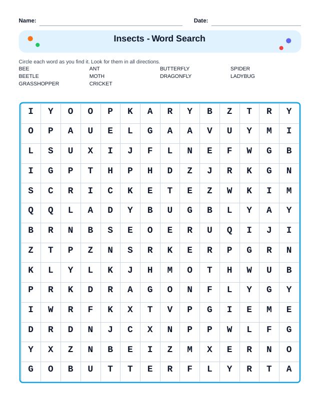 Insects Word Search