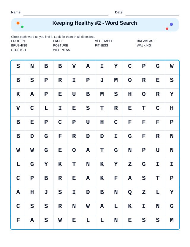 Keeping Healthy #2 Word Search
