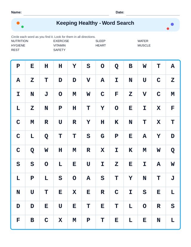 Keeping Healthy Word Search