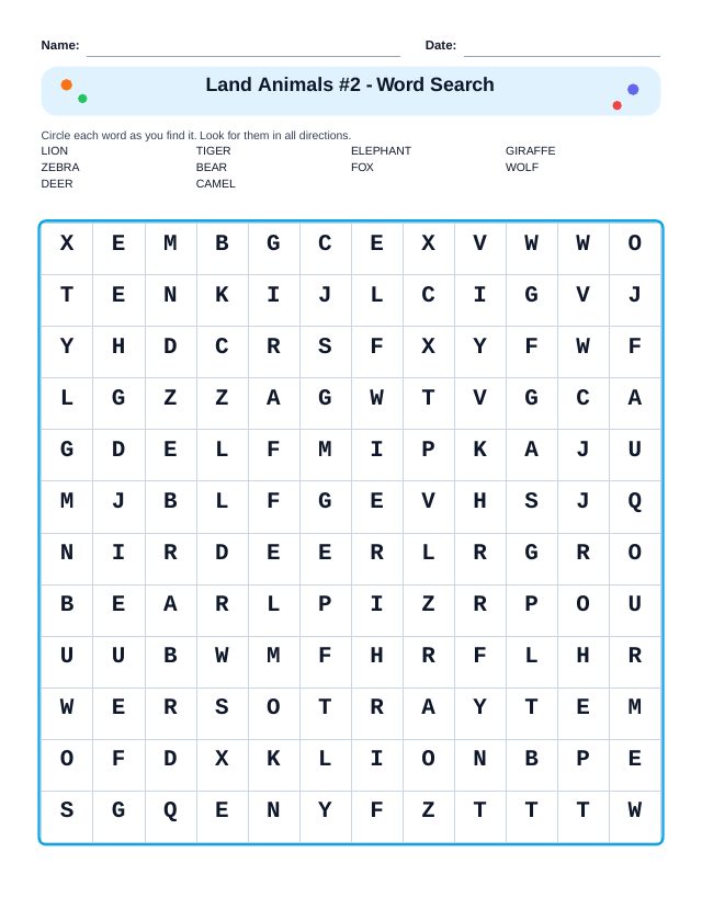 Land Animals #2 Word Search