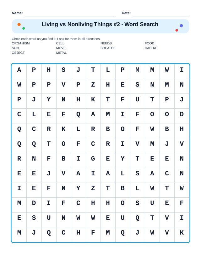 Living vs Nonliving Things #2 Word Search
