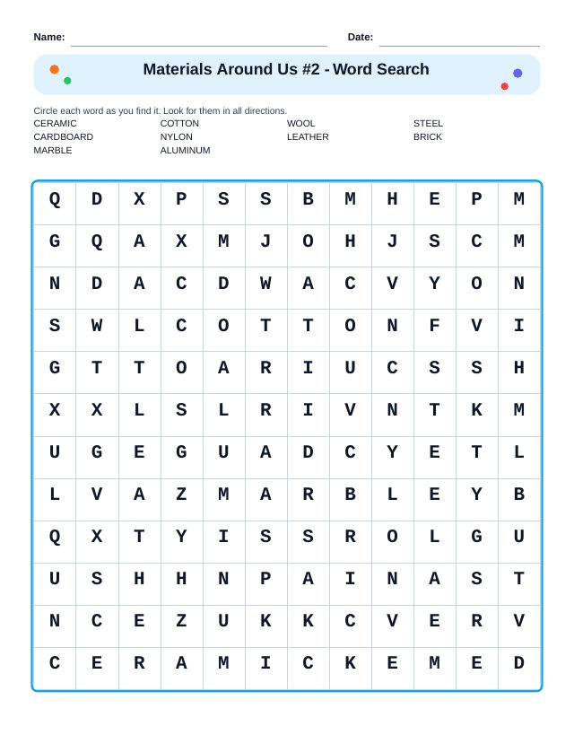 Materials Around Us #2 Word Search