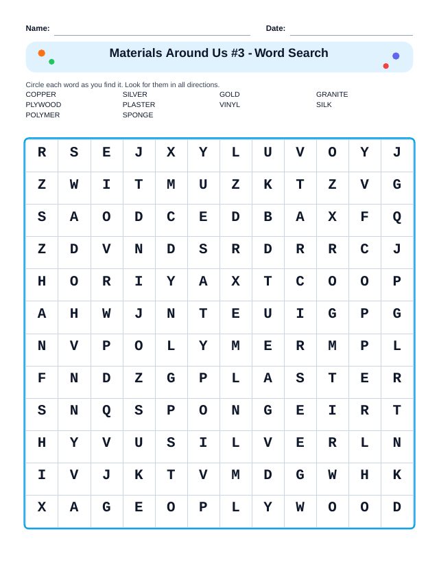 Materials Around Us #3 Word Search