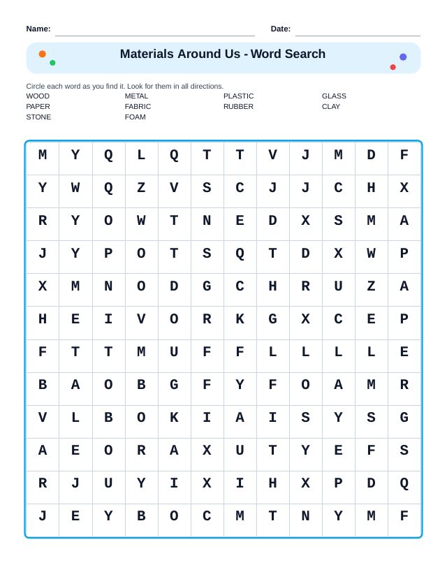Materials Around Us Word Search