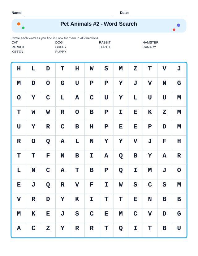 Pet Animals #2 Word Search