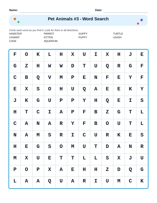 Pet Animals #3 Word Search