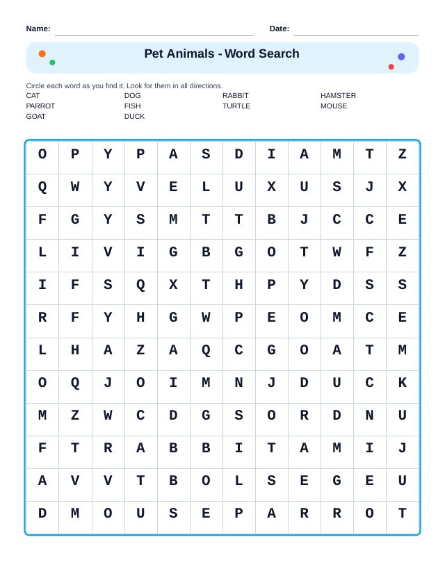 Pet Animals Word Search