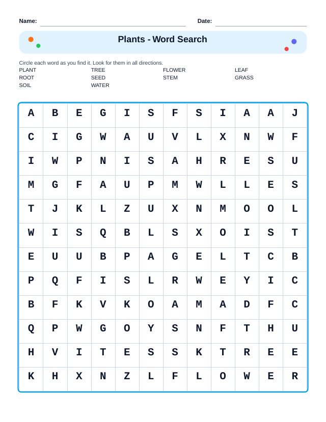Plants Word Search