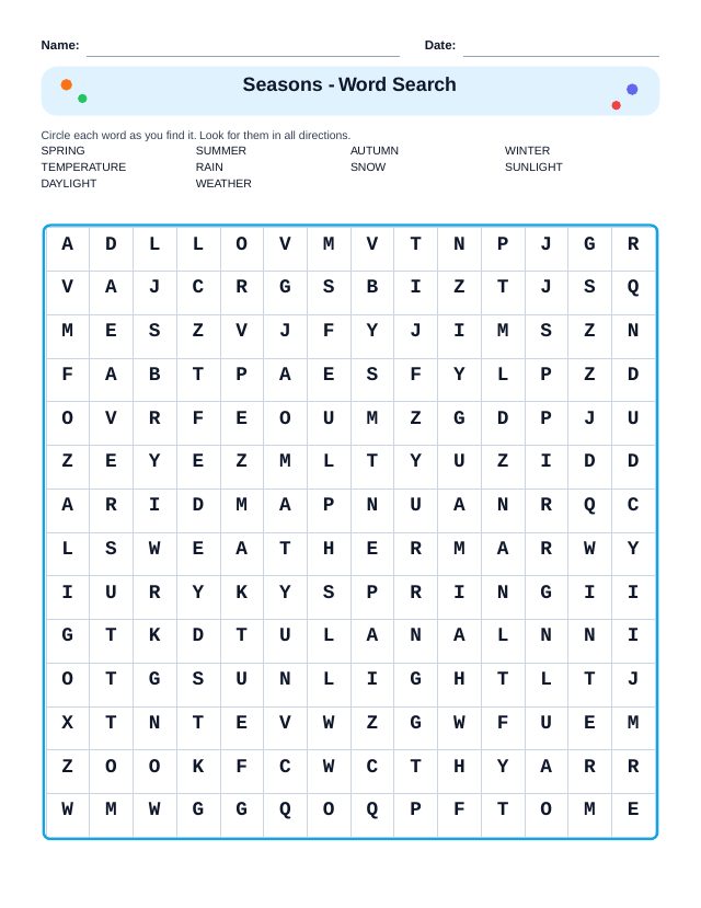 Seasons Word Search