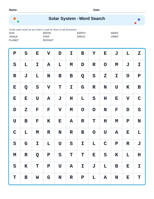 Solar System Word Search