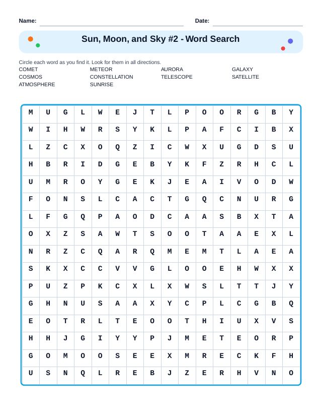 Sun, Moon, and Sky #2 Word Search
