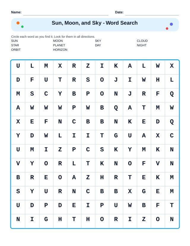 Sun, Moon, and Sky Word Search