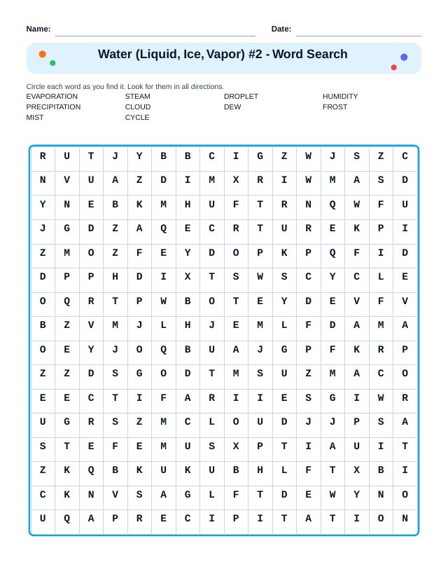 Water (Liquid, Ice, Vapor) #2 Word Search