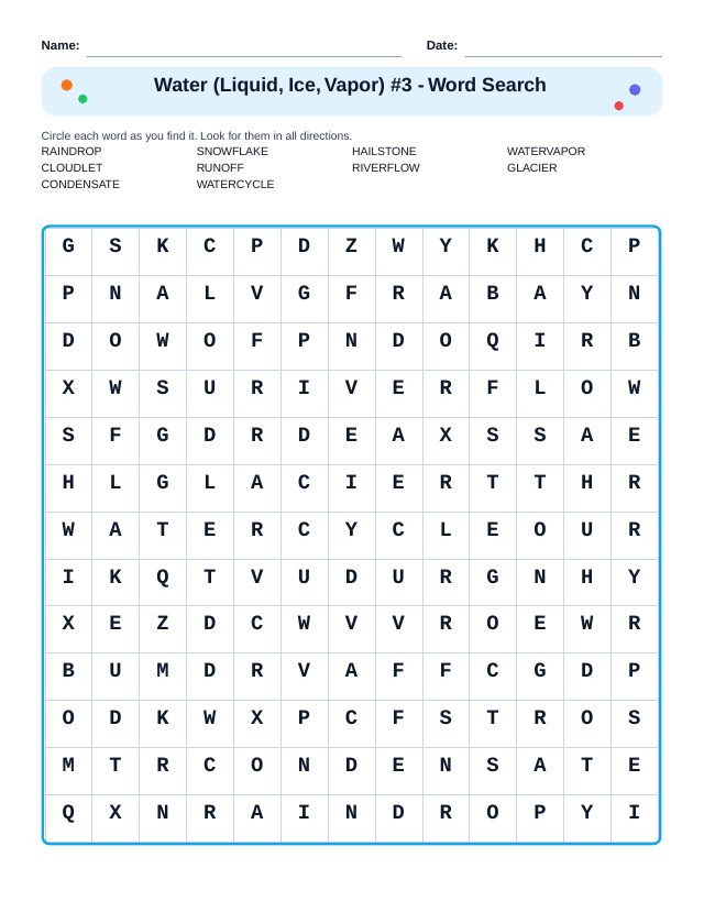 Water (Liquid, Ice, Vapor) #3 Word Search