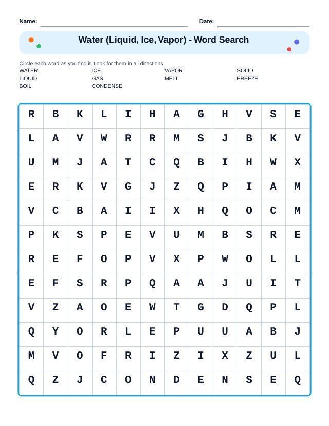Water (Liquid, Ice, Vapor) Word Search