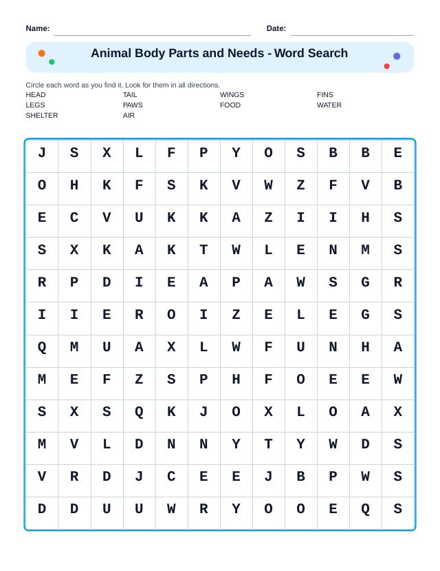 Animal Body Parts and Needs Word Search