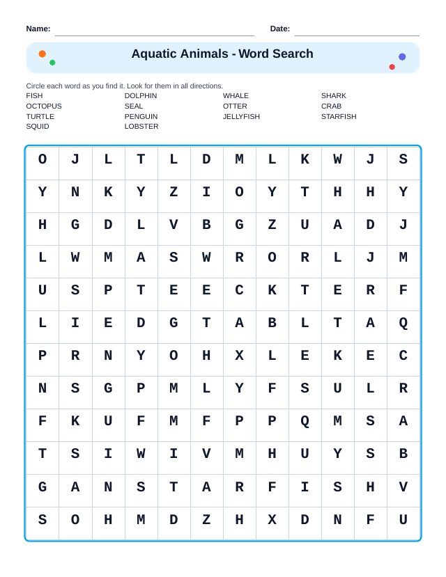 Aquatic Animals Word Search