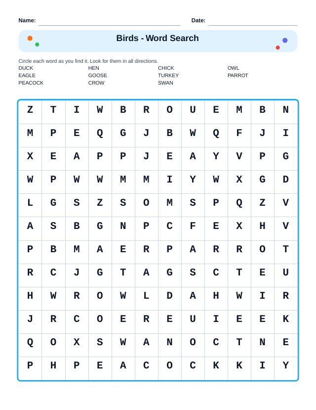 Birds Word Search