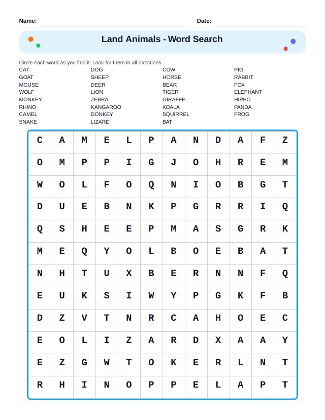 Land Animals Word Search