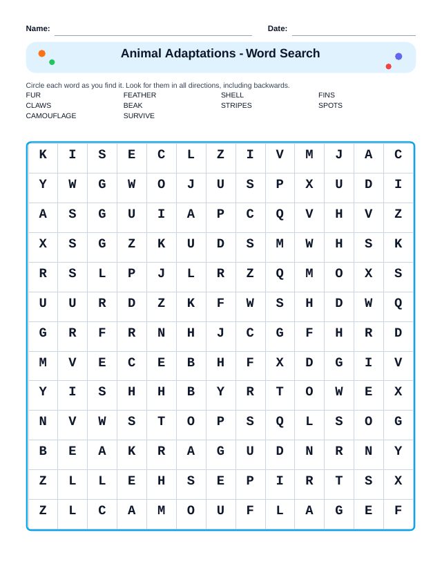 Animal Adaptations Word Search