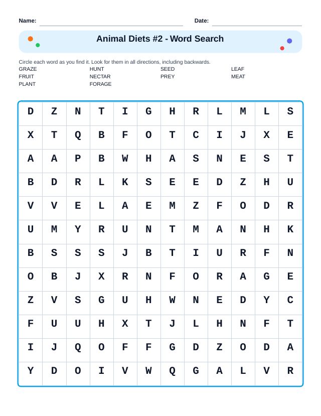 Animal Diets #2 Word Search