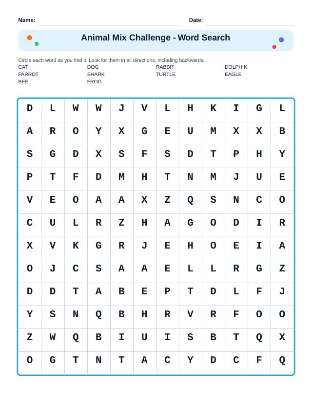 Animal Mix Challenge Word Search