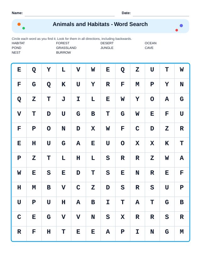 Animals and Habitats Word Search