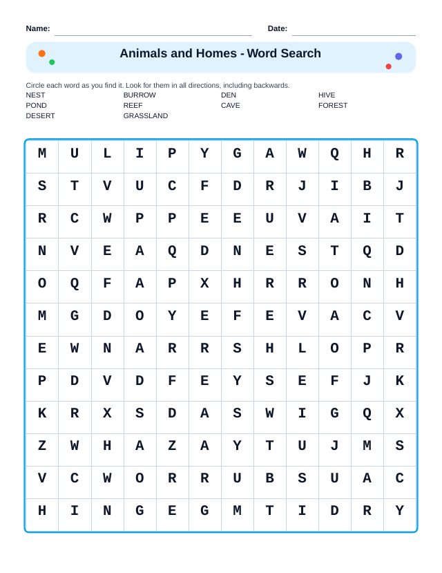 Animals and Homes Word Search