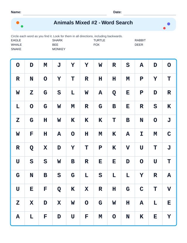 Animals Mixed #2 Word Search