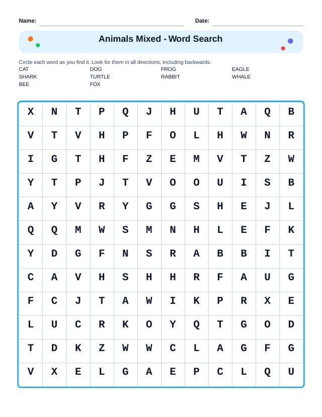 Animals Mixed Word Search