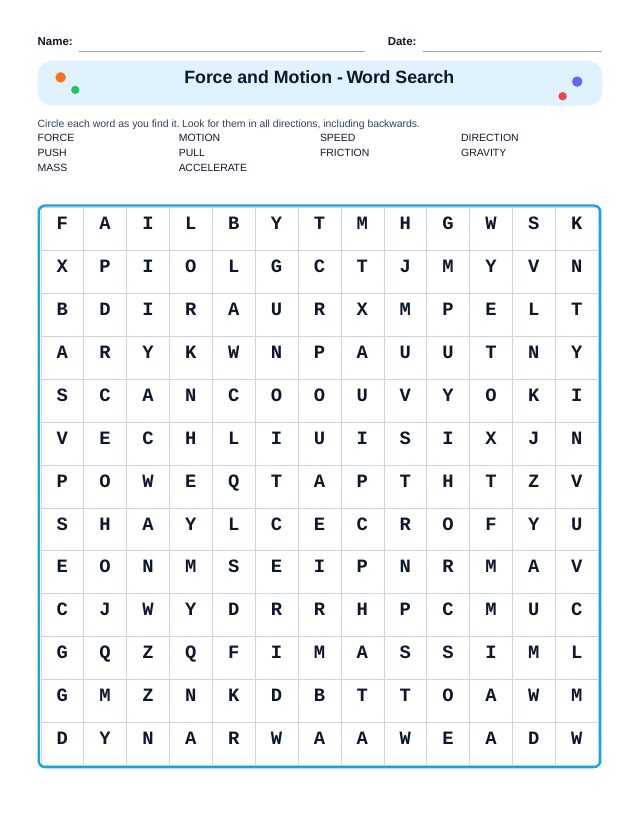Force and Motion Word Search