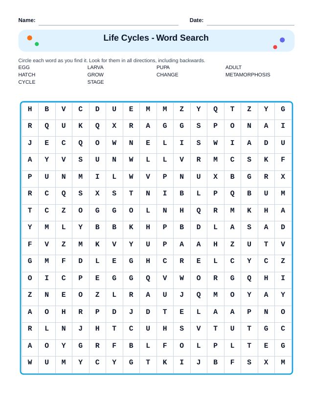 Life Cycles Word Search