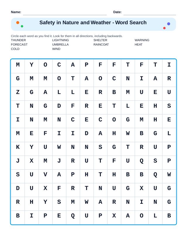 Safety in Nature and Weather Word Search