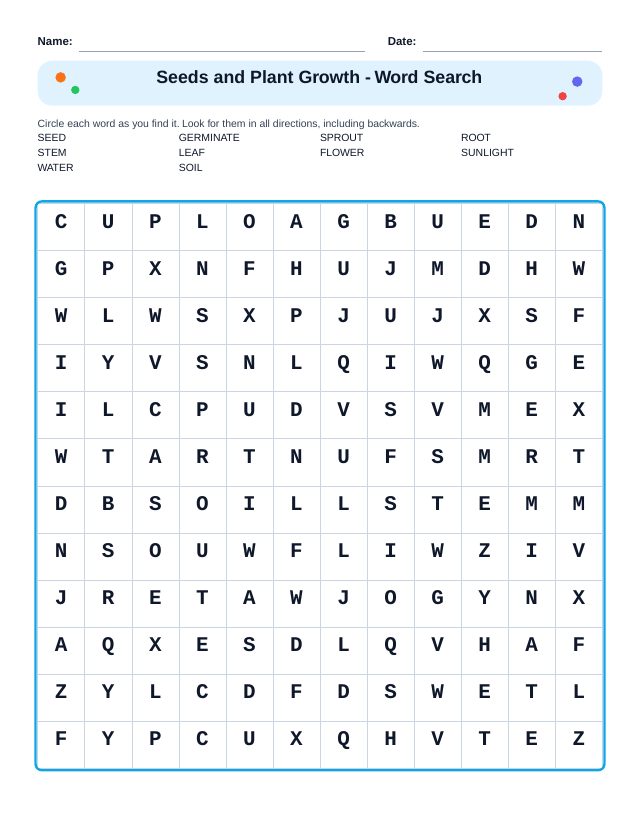 Seeds and Plant Growth Word Search