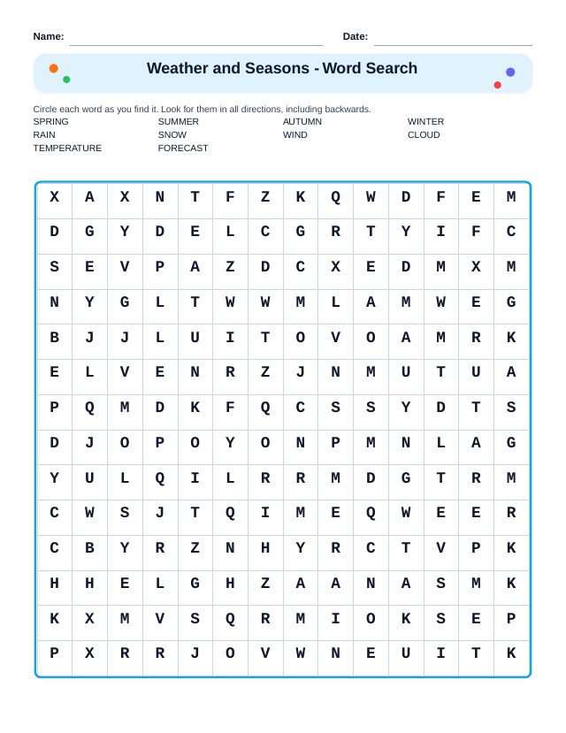 Weather and Seasons Word Search