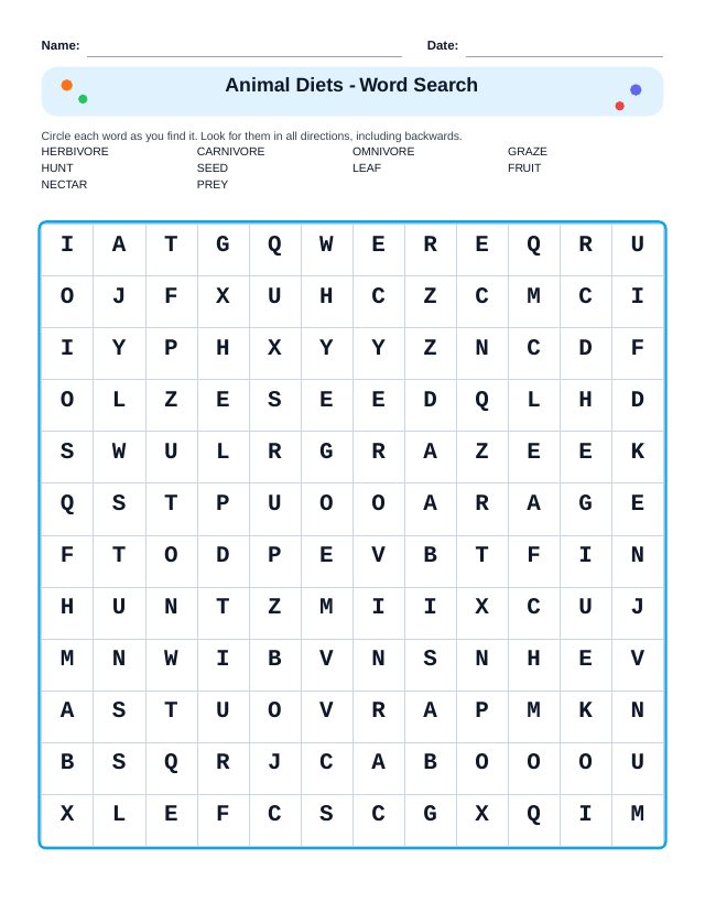 Animal Diets Word Search