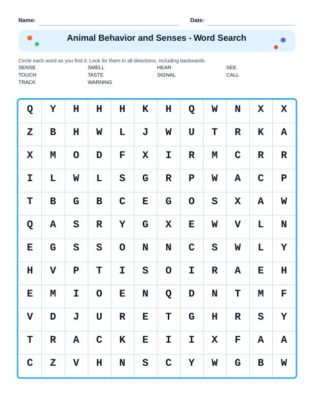 Animal Behavior and Senses Word Search