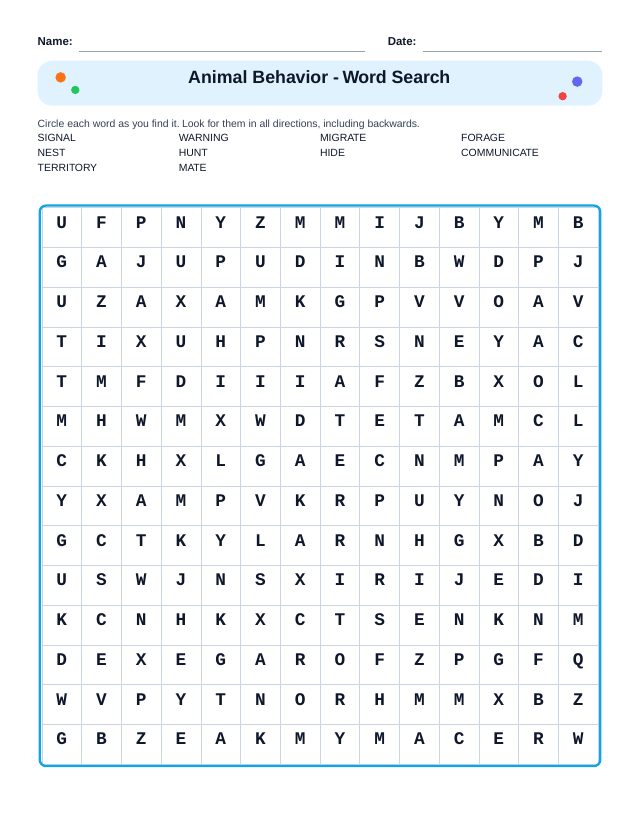 Animal Behavior Word Search