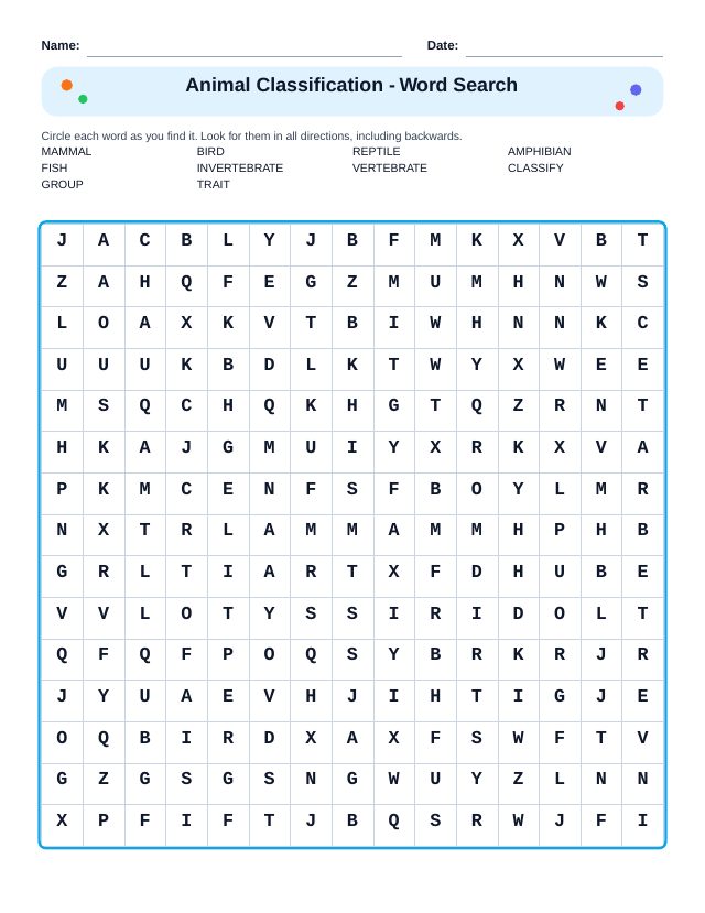 Animal Classification Word Search