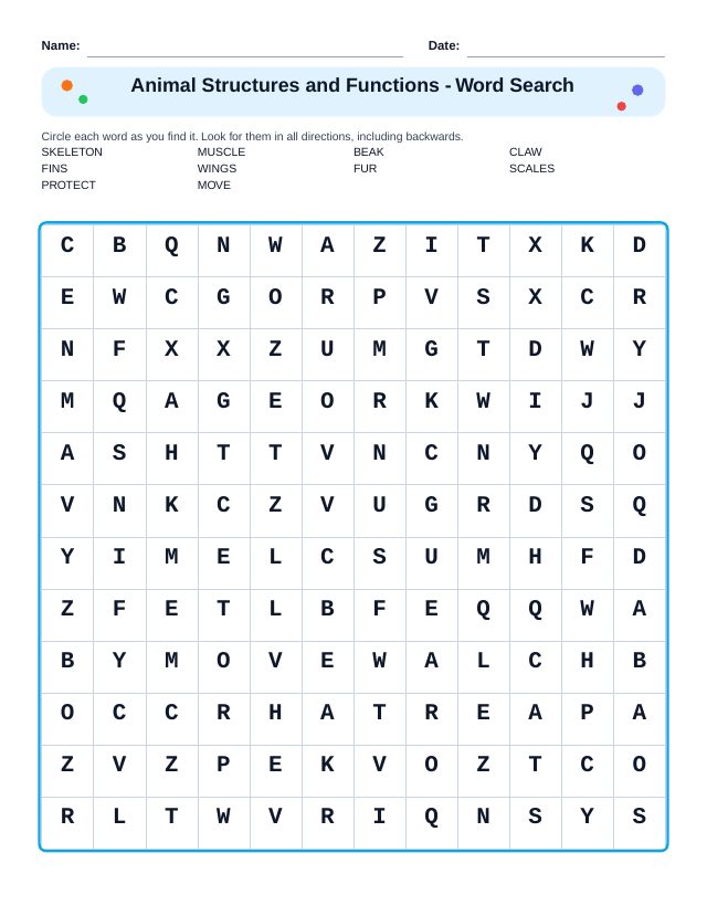 Animal Structures and Functions Word Search