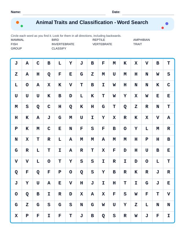 Animal Traits and Classification Word Search