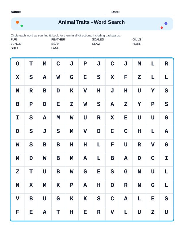 Animal Traits Word Search