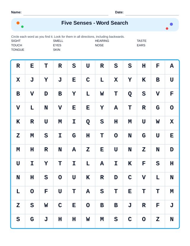 Five Senses Word Search