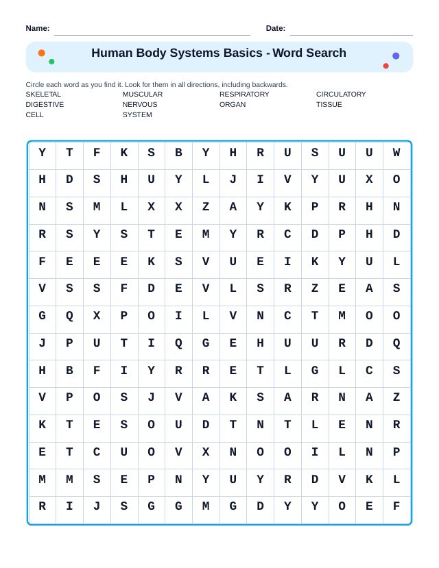 Human Body Systems Basics Word Search