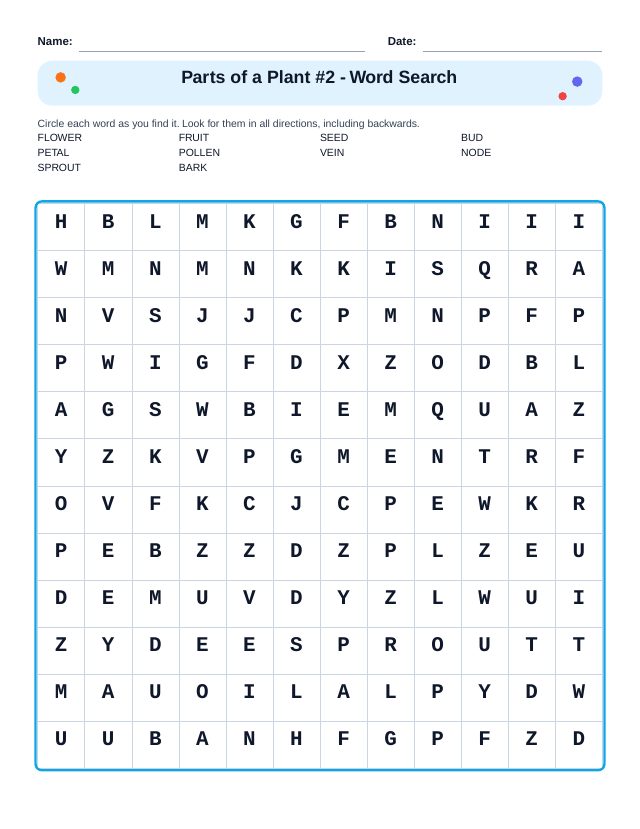 Parts of a Plant #2 Word Search